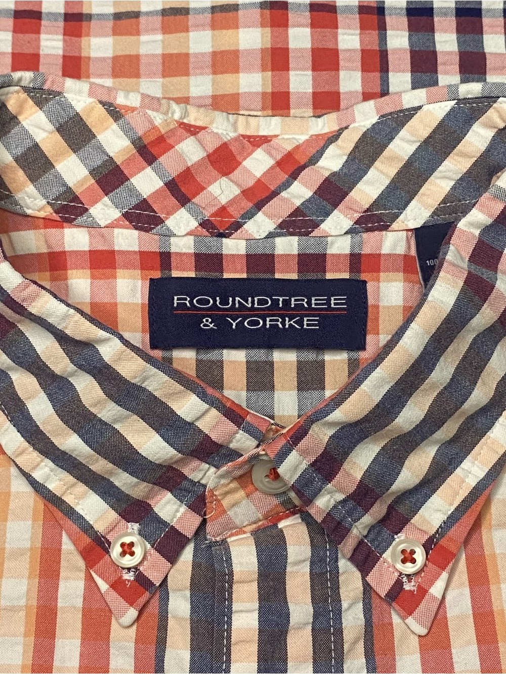 Roundtree & Yorke Short Sleeve Seersucker Shirt Men Large Blue Red White Cotton